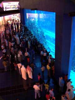 Crowds of people view the Dubai Mall Aquarium