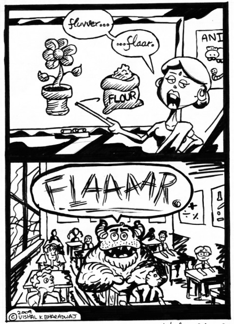 2 panel comic about flower, flour and monsters. Of course.