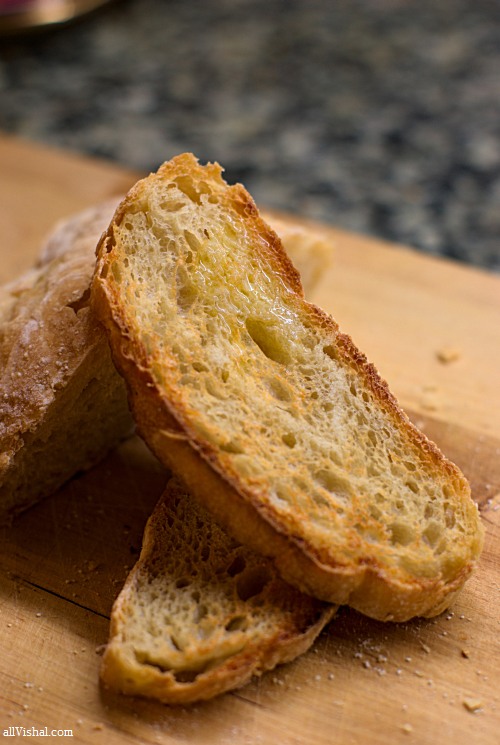 toasted buttered slices of no-knead bread