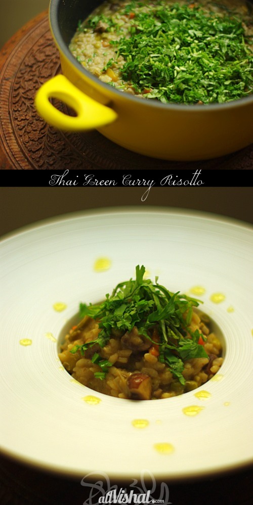 thai green curry risotto in pot and on plate thai green curry risotto in pot and on plate