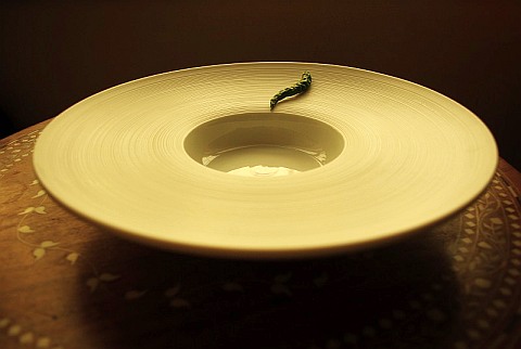 Photo of an empty white presentation plate with a green chilli placed on its wide textured rim